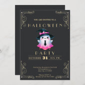 シャルボードブラック&金ゴールドピンクホワイト幽霊ハロウィーン 招待状 (正面/裏面)