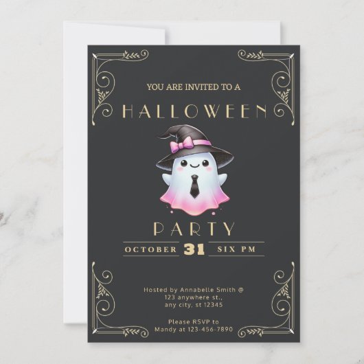 シャルボードブラック&金ゴールドピンクホワイト幽霊ハロウィーン 招待状 (正面)