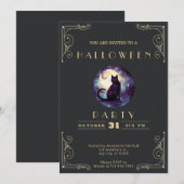 シャルボードブラック&金ゴールドブラックキャットムーンハロウィーン 招待状 (正面/裏面)