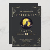 シャルボードブラック&金ゴールドブラックキャットムーンハロウィーン 招待状 (正面/裏面)