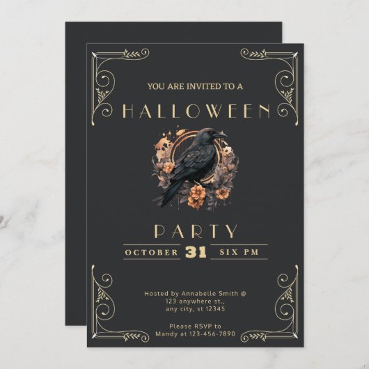 シャルボードブラック&金ゴールドブラッククロウハロウィーン 招待状 (正面/裏面)