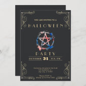 シャルボードブラック&金ゴールドペンタグラムハロウィーン 招待状 (正面/裏面)