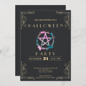 シャルボードブラック&金ゴールドペンタグラムハロウィーン 招待状 (正面/裏面)
