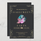 シャルボードブラック&金ゴールドペンタグラムハロウィーン 招待状 (正面/裏面)