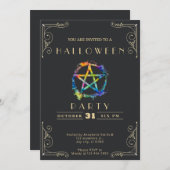 シャルボードブラック&金ゴールドペンタグラムハロウィーン 招待状 (正面/裏面)
