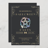 シャルボードブラック&金ゴールドペンタグラムハロウィーン 招待状 (正面/裏面)