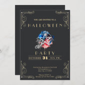 シャルボードブラック&金ゴールドペンタグラムハロウィーン 招待状 (正面/裏面)