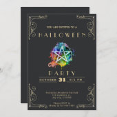 シャルボードブラック&金ゴールドペンタグラムハロウィーン 招待状 (正面/裏面)