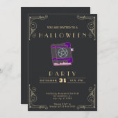 シャルボードブラック&金ゴールドペンタグラムブックハロウィーン 招待状 (正面/裏面)