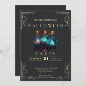 シャルボードブラック&金ゴールドポションジャースハロウィーン 招待状 (正面/裏面)