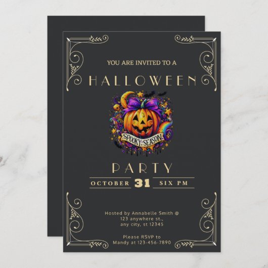 シャルボードブラック&金ゴールド不気味シーズンハロウィーン 招待状 (正面/裏面)