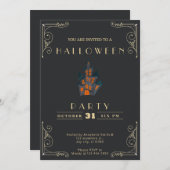 シャルボードブラック&金ゴールド幽霊のよく出るハウスハロウィーン 招待状 (正面/裏面)