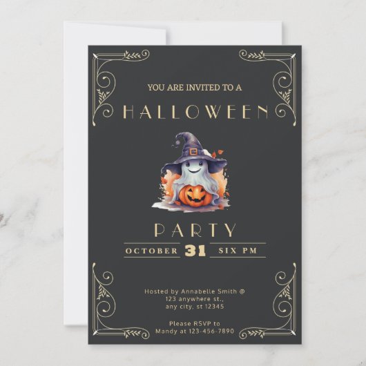 シャルボードブラック&金ゴールド幽霊ウィッチハットハロウィーン 招待状 (正面)