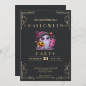 シャルボードブラック&金ゴールド幽霊スターキュートハロウィーン 招待状 (正面/裏面)