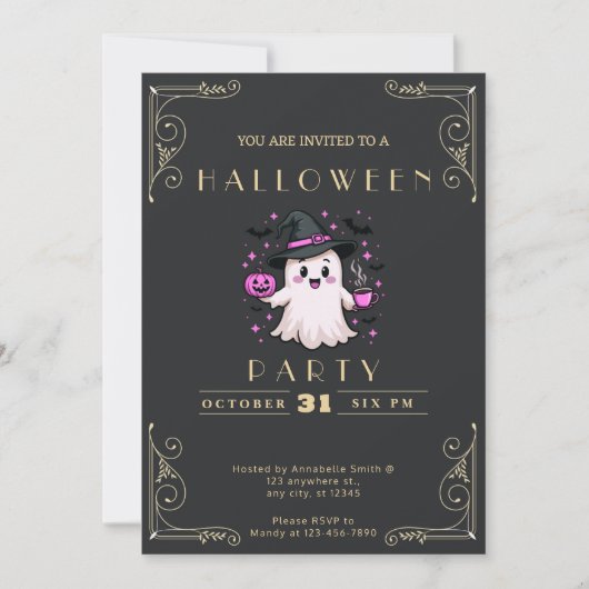 シャルボードブラック&金ゴールド幽霊スターズこうもりハロウィン 招待状 (正面)