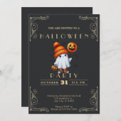 シャルボードブラック&金ゴールド幽霊ハットこうもりハロウィーン 招待状 (正面/裏面)