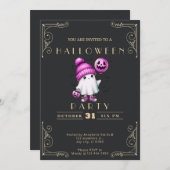 シャルボードブラック&金ゴールド幽霊ハットこうもりハロウィーン 招待状 (正面/裏面)