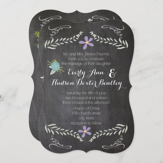 シャルボードミント薄紫アクアフローラガーランド結婚ズ 招待状 (正面/裏面)