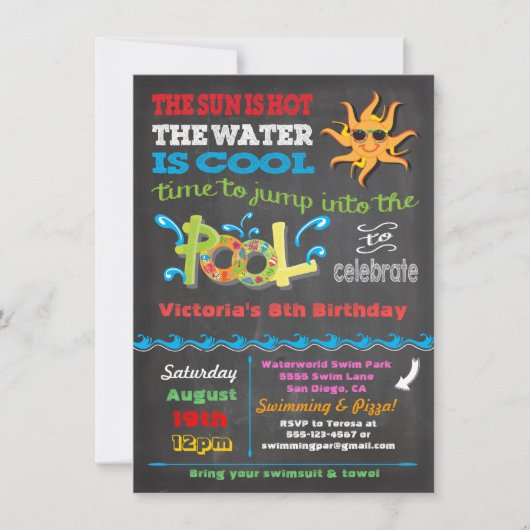 シャルボード誕生日プールパーティの招待状 招待状 (正面)