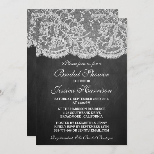 シャルボード&ヴィンテージホワイトレースブライダルシャワー 招待状 (正面/裏面)