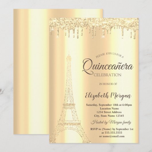 シャレたゴールドラメエッフェル塔、垂れるQuinceañera 招待状 (正面/裏面)