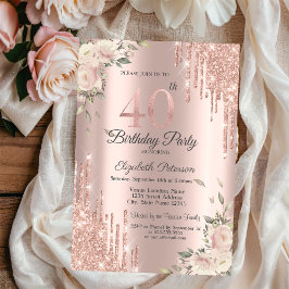 シャレたラメの滴、花々 ローズゴールド 40歳の誕生日 招待状