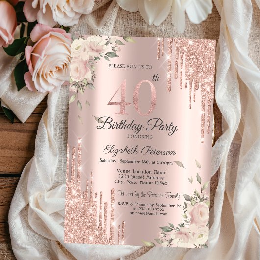 シャレたラメの滴、花々 ローズゴールド 40歳の誕生日 招待状