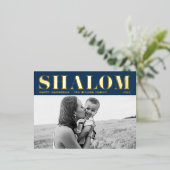 シャロムはっきりしたタイポグラフィブルーハッピーハヌッカ写真 箔シーズンポストカード (立ち正面)