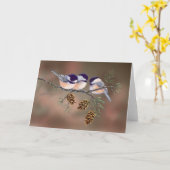 シャロン・シャープの3羽のカサカサと松ぼっくり カード (黄色い花)