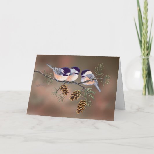 シャロン・シャープの3羽のカサカサと松ぼっくり カード (正面)