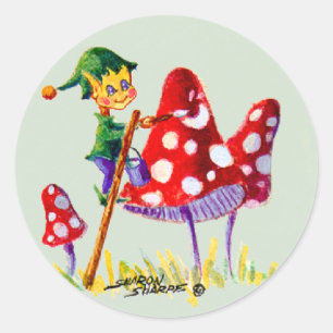 シャロンSHARPE著小妖精や小人の絵画のきのこ ラウンドシール