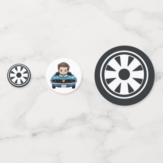 シャワクラシックーに乗ったレースカー男の赤ちゃんクルーシン コンフェッティ (正面)