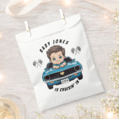 シャワクラシックーに乗ったレースカー男の赤ちゃんクルーシン フェイバーバッグ (クリップ留めされた状態)