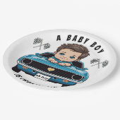 シャワクラシックーに乗ったレースカー男の赤ちゃんクルーシン ペーパープレート (アングル)