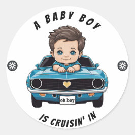 シャワクラシックーに乗ったレースカー男の赤ちゃんクルーシン ラウンドシール