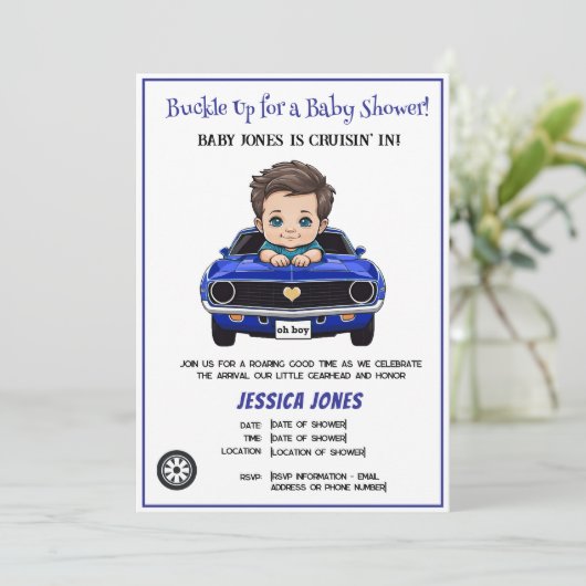 シャワクラシックーに乗ったレースカー男の赤ちゃんクルーシン 招待状 (スタンド正面)