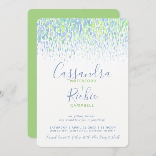 シャワーのカスケード グリーン ブルー アート ウェディング 招待状 (正面/裏面)