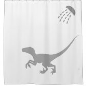 シャワーカーテンの後ろに隠れているベロキラプター シャワーカーテン (正面)