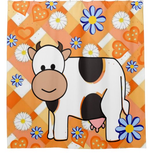 シャワーカーテンオレンジハート青い花牛 シャワーカーテン (正面)