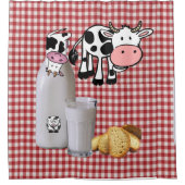 シャワーカーテンカントリー牛の赤い格子状のパン牛乳 シャワーカーテン (正面)