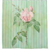 シャワーカーテングリーン&ホワイトストライプローズピンク シャワーカーテン (正面)