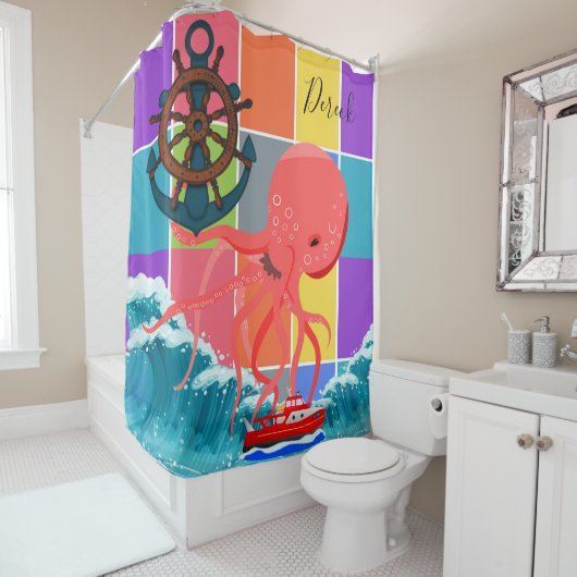 シャワーカーテンタコビーチ波色ブロック シャワーカーテン (インサイチュ)