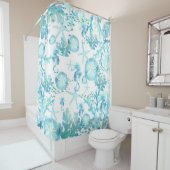 シャワーカーテンティール（緑がかった色）ブルーシーホースサンドドルシェル シャワーカーテン (インサイチュ)