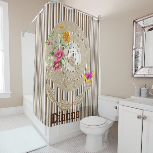 シャワーカーテンバタフライフローラブラウンストライプ シャワーカーテン (インサイチュ)