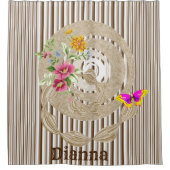 シャワーカーテンバタフライフローラブラウンストライプ シャワーカーテン (正面)