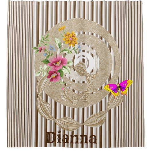 シャワーカーテンバタフライフローラブラウンストライプ シャワーカーテン (正面)