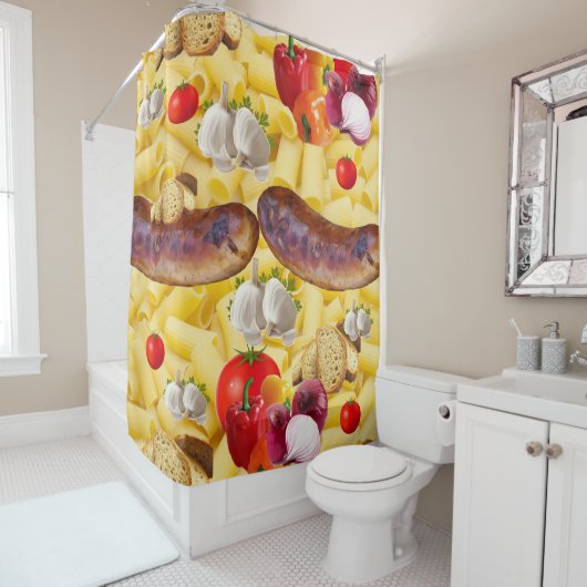 シャワーカーテンパスタソーセージブレッドオリーブ油 シャワーカーテン (インサイチュ)