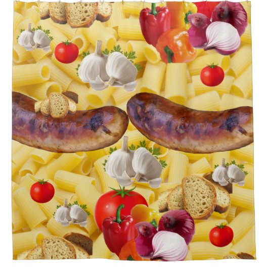 シャワーカーテンパスタソーセージブレッドオリーブ油 シャワーカーテン (正面)