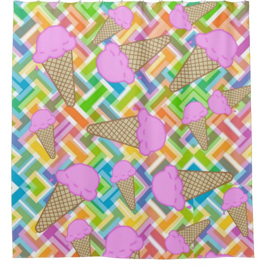 シャワーカーテンパステルシェブロンピンクアイスクリームコーン シャワーカーテン (正面)