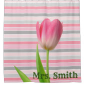 シャワーカーテンパステルストライプピンクチューリップ シャワーカーテン (正面)